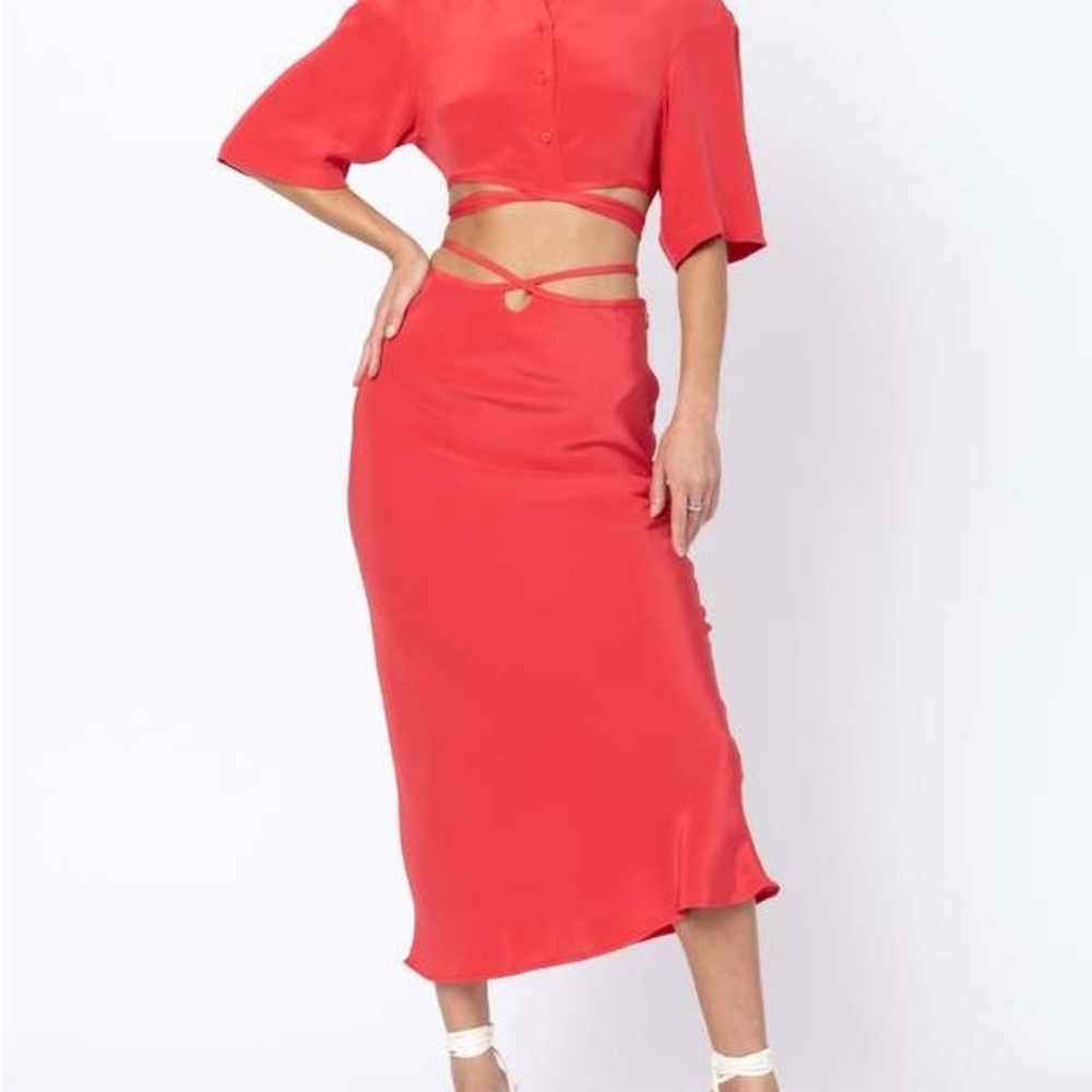 Christopher Esber Coral Red Midi Skirt with Waist Wrap Detail